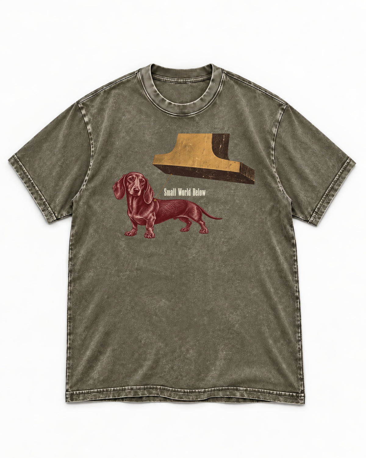 Dachshund Small World Below Giant Shoe Graphic Washed Tee in Army Green, flat lay product photo