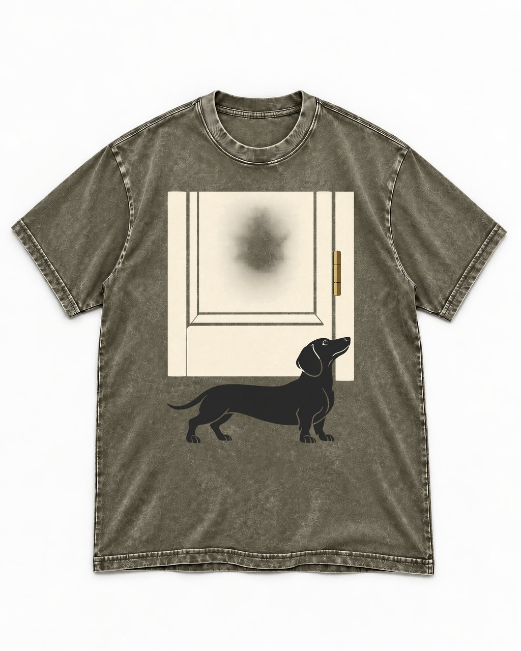 Dachshund Frosted Door Sentinel Graphic Washed Tee in Army Green, flat lay product photo