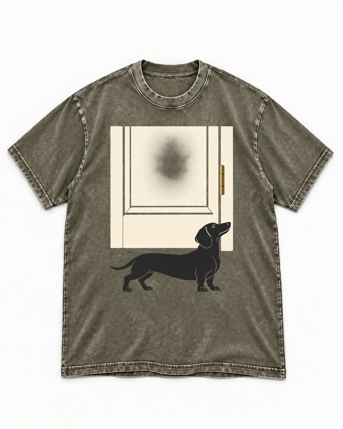 Dachshund Frosted Door Sentinel Graphic Washed Tee in Army Green, flat lay product photo