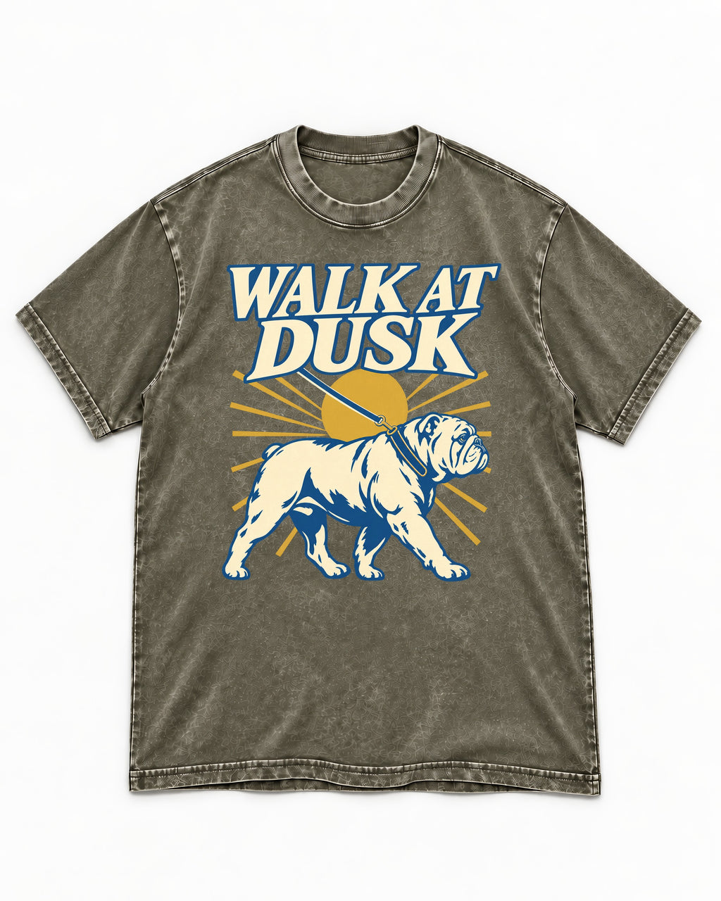English Bulldog Walk at Dusk Sunset Graphic Washed Tee in Army Green, flat lay product photo