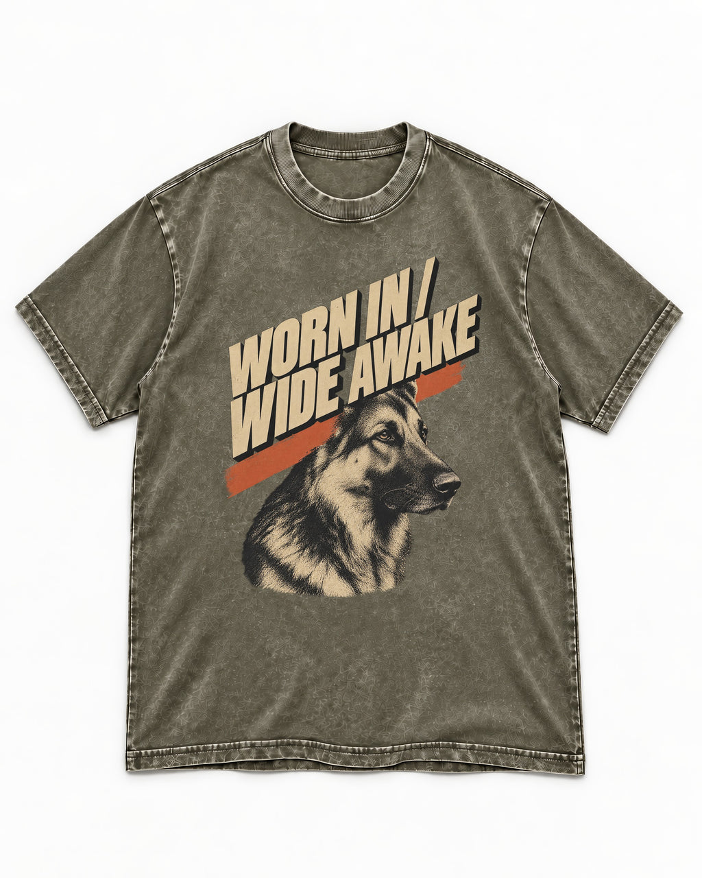 Worn In Wide Awake Portrait German Shepherd Dog Graphic Washed Tee in Army Green, flat lay product photo