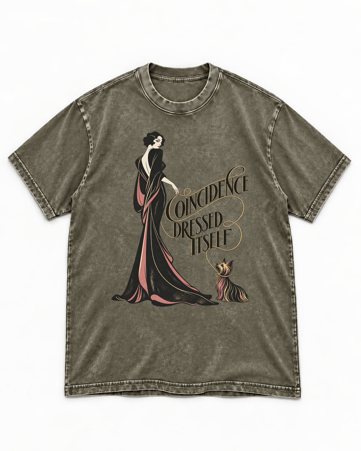 Yorkshire Terrier Coincidence Dressed Itself Art Deco Graphic Washed Tee in Army Green, flat lay product photo