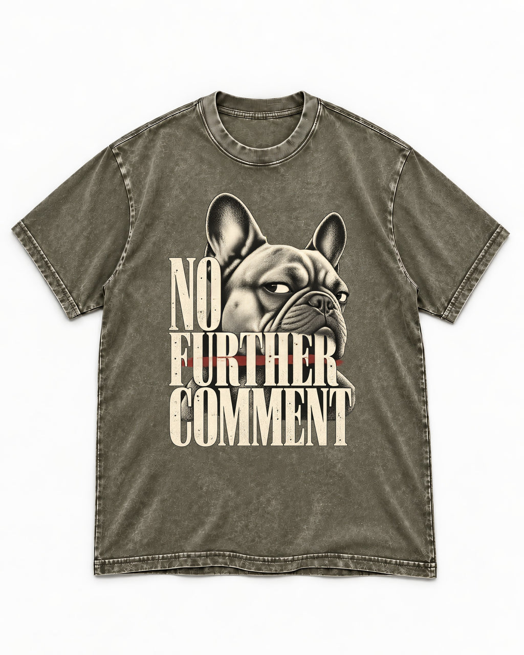 Frenchie No Further Comment Side Eye Graphic Washed Tee in Army Green, flat lay product photo