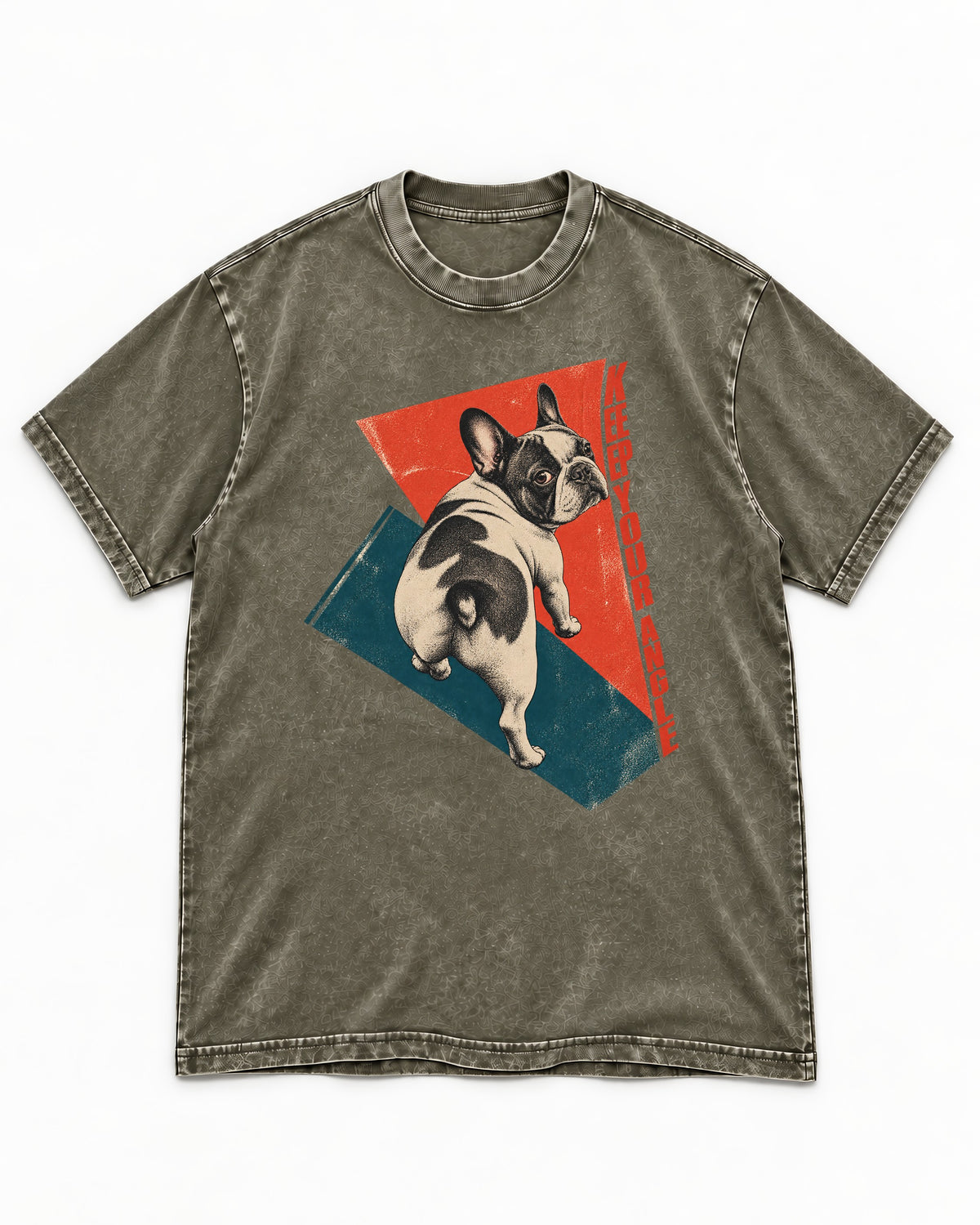 Frenchie Keep Your Angle Geometric Graphic Washed Tee in Army Green, flat lay product photo