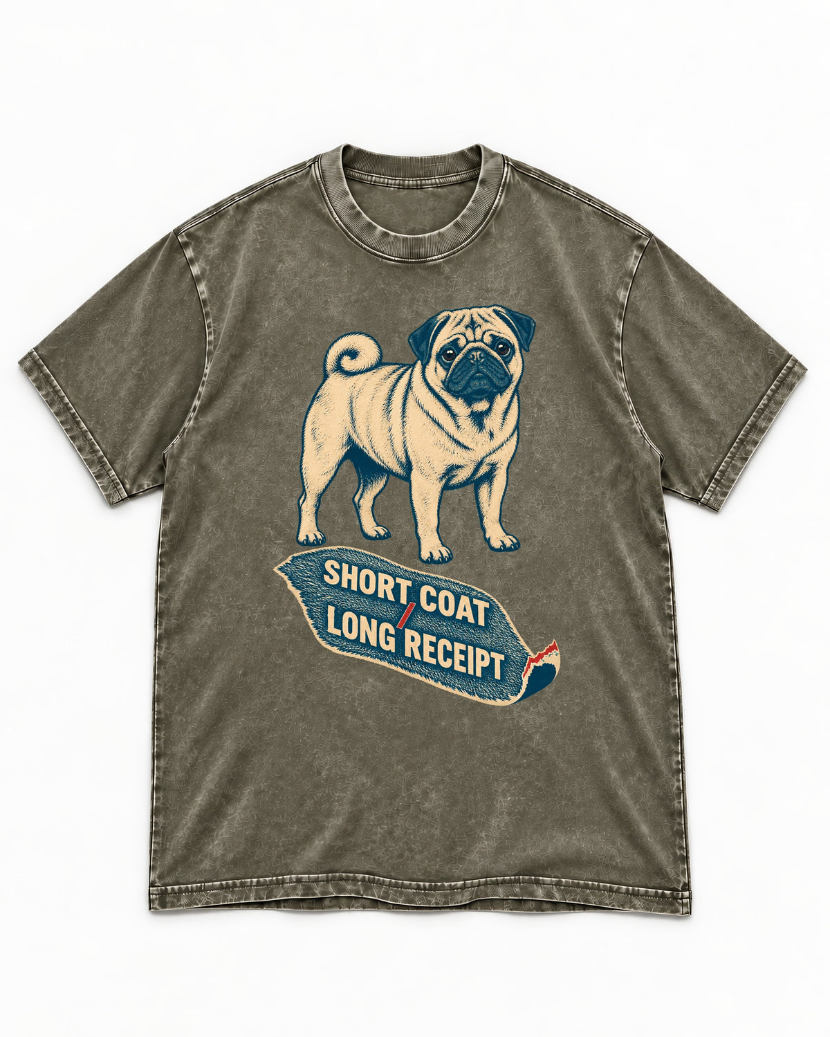 Pug Short Coat Long Receipt Graphic Washed Tee in Army Green, flat lay product photo