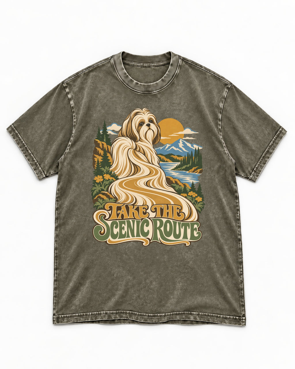 Shih Tzu Take the Scenic Route Mountain Vista Graphic Washed Tee in Army Green, flat lay product photo