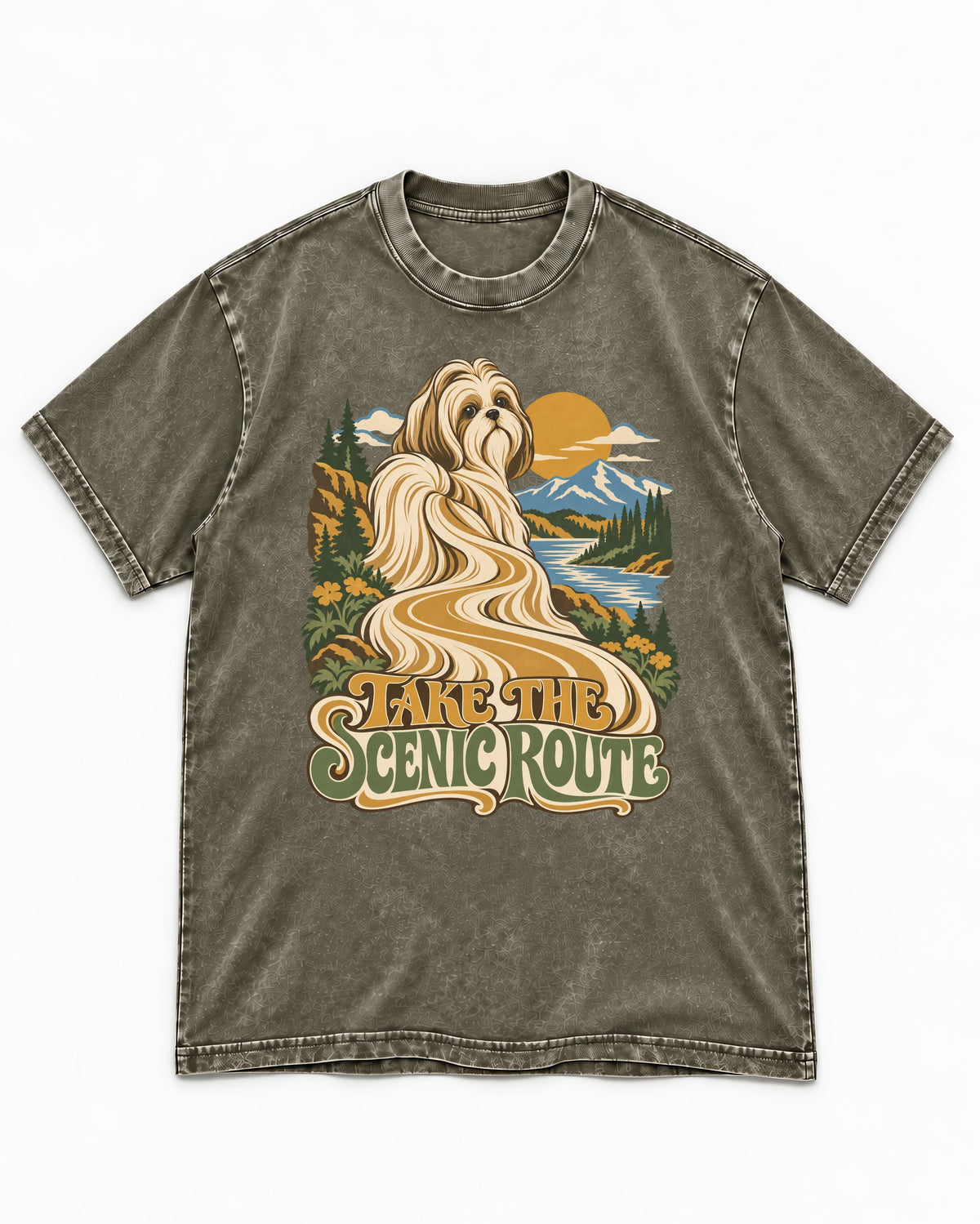 Shih Tzu Take the Scenic Route Mountain Vista Graphic Washed Tee in Army Green, flat lay product photo