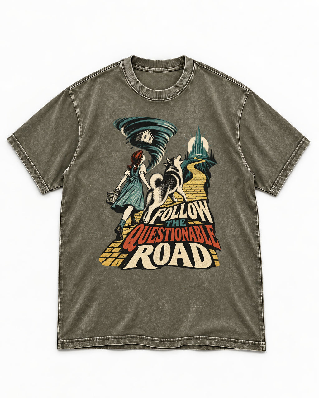 Husky Follow the Questionable Road Tornado Graphic Washed Tee in Army Green, flat lay product photo