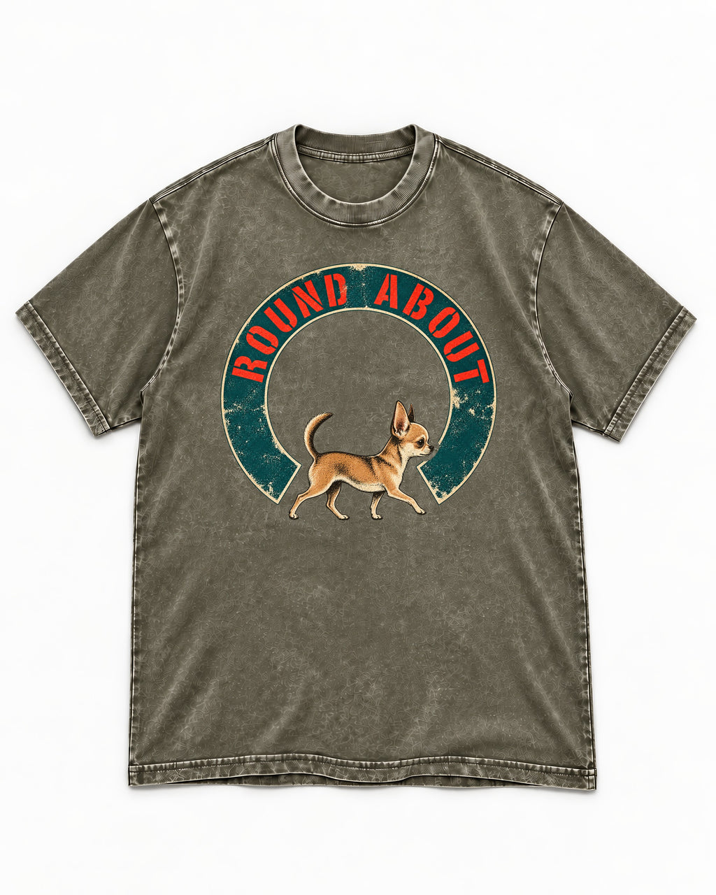 Round About Chihuahua Emblem Graphic Washed Tee in Army Green, flat lay product photo