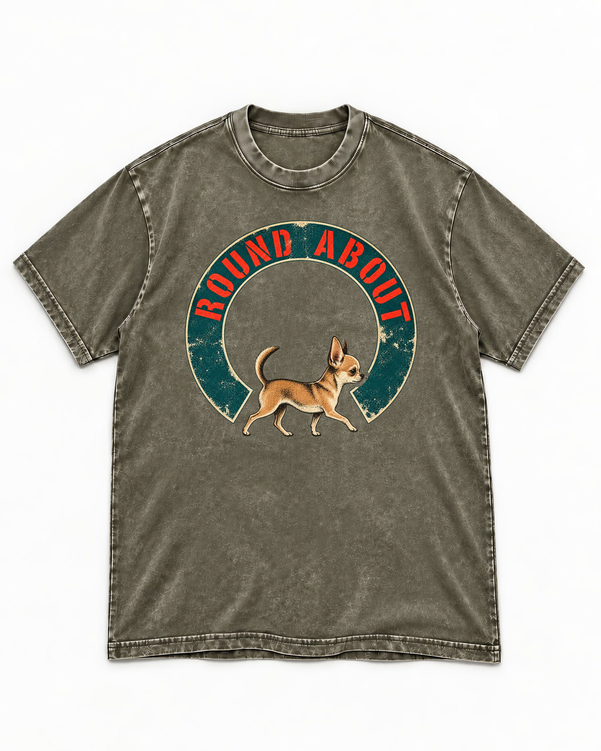 Round About Chihuahua Emblem Graphic Washed Tee in Army Green, flat lay product photo