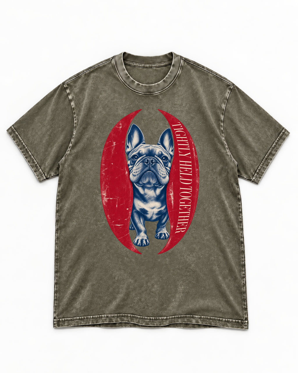 Frenchie Tightly Held Together Red Oval Graphic Washed Tee in Army Green, flat lay product photo