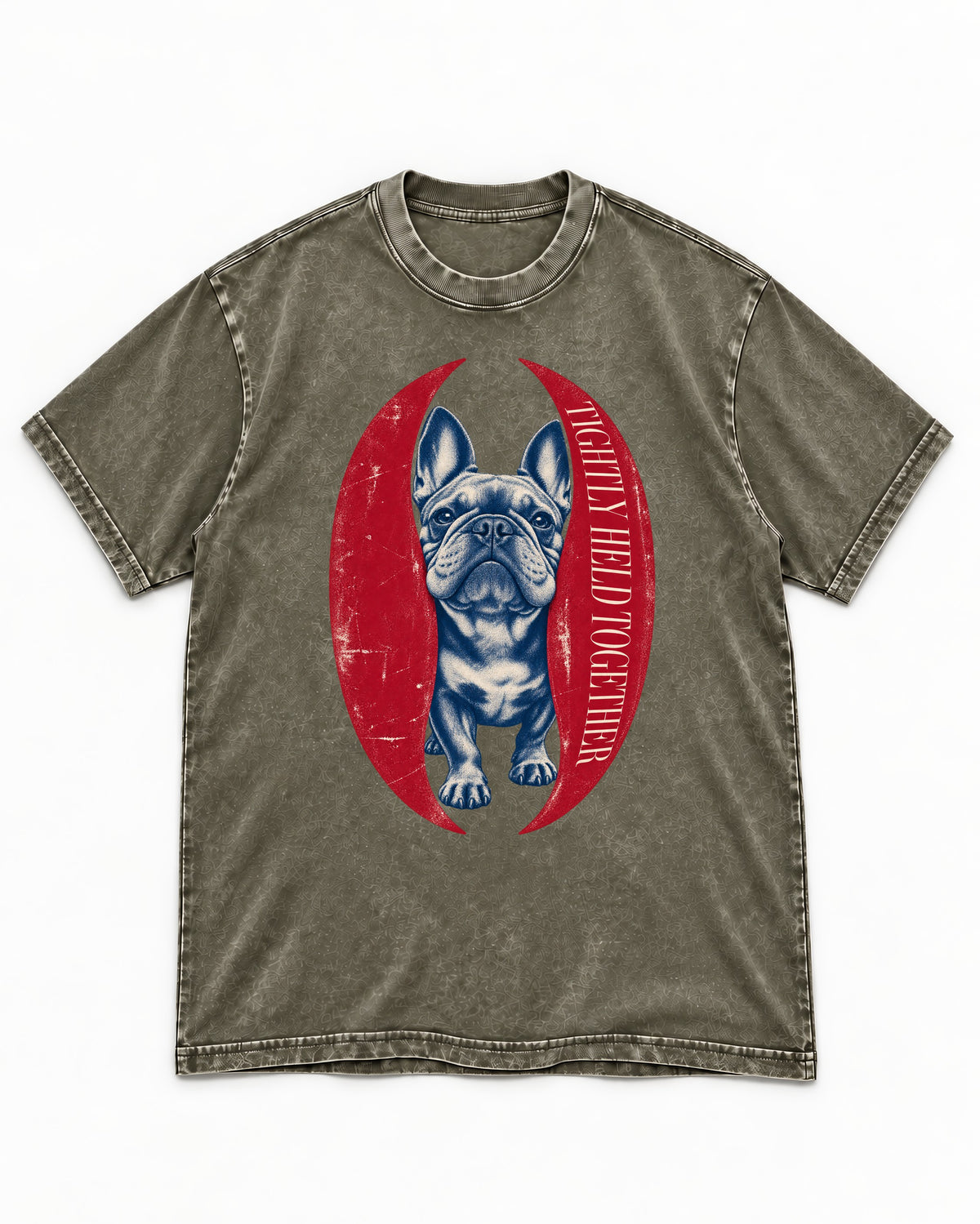 Frenchie Tightly Held Together Red Oval Graphic Washed Tee in Army Green, flat lay product photo