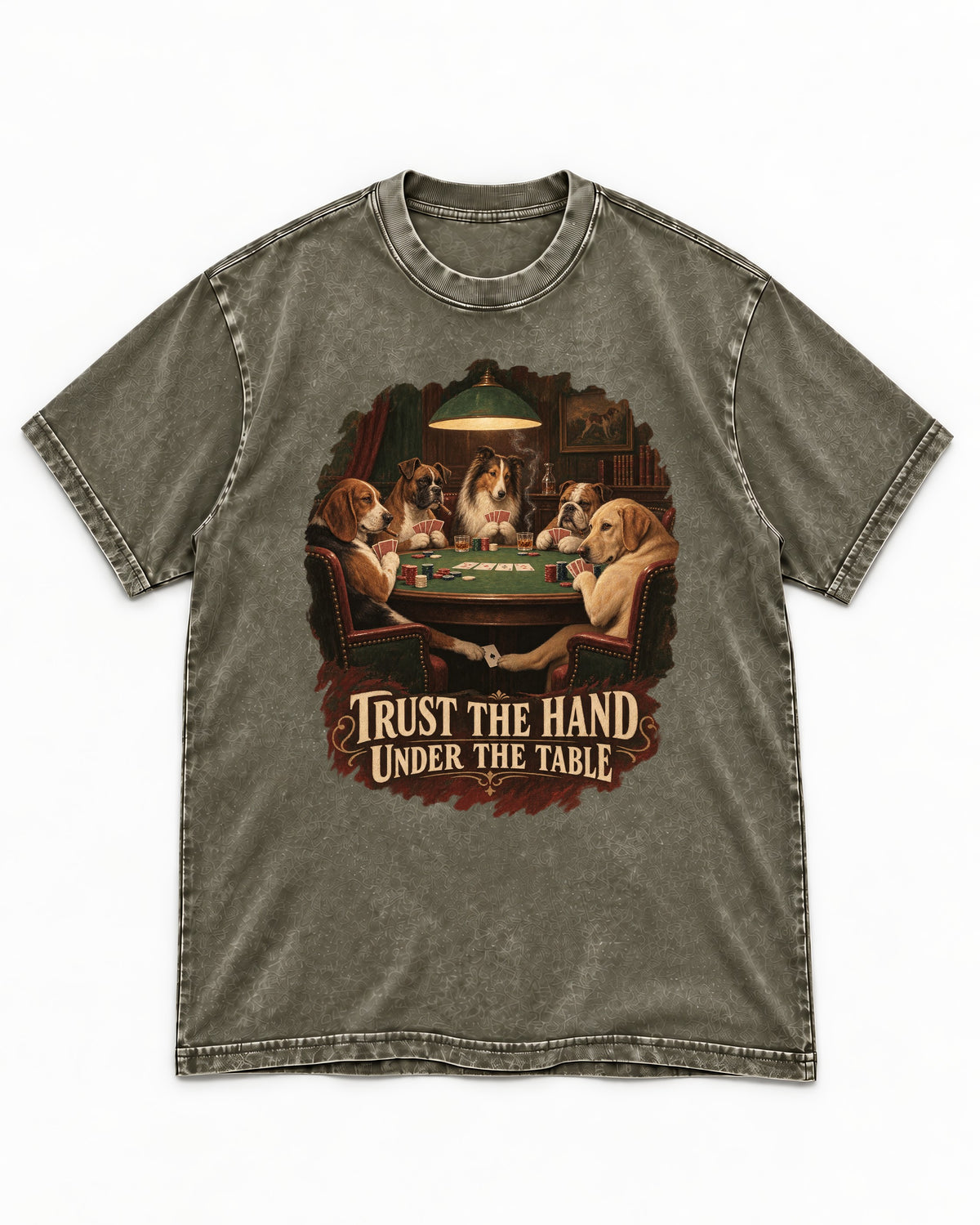 Labrador Retriever Trust the Hand Under the Table Poker Dogs Graphic Washed Tee in Army Green, flat lay product photo