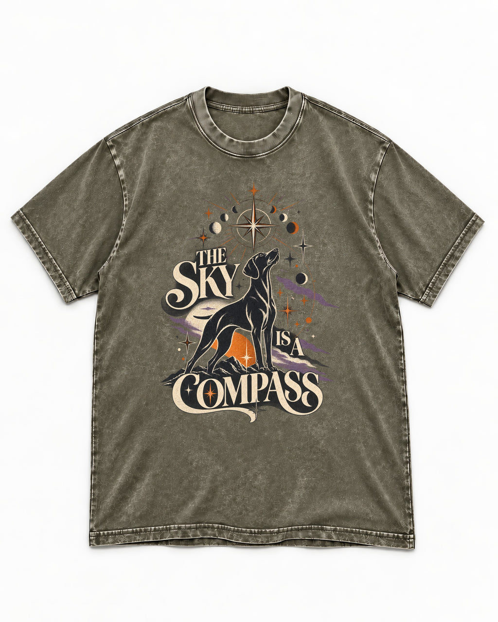 The Sky Is a Compass Celestial German Shorthaired Pointer Graphic Washed Tee in Army Green, flat lay product photo