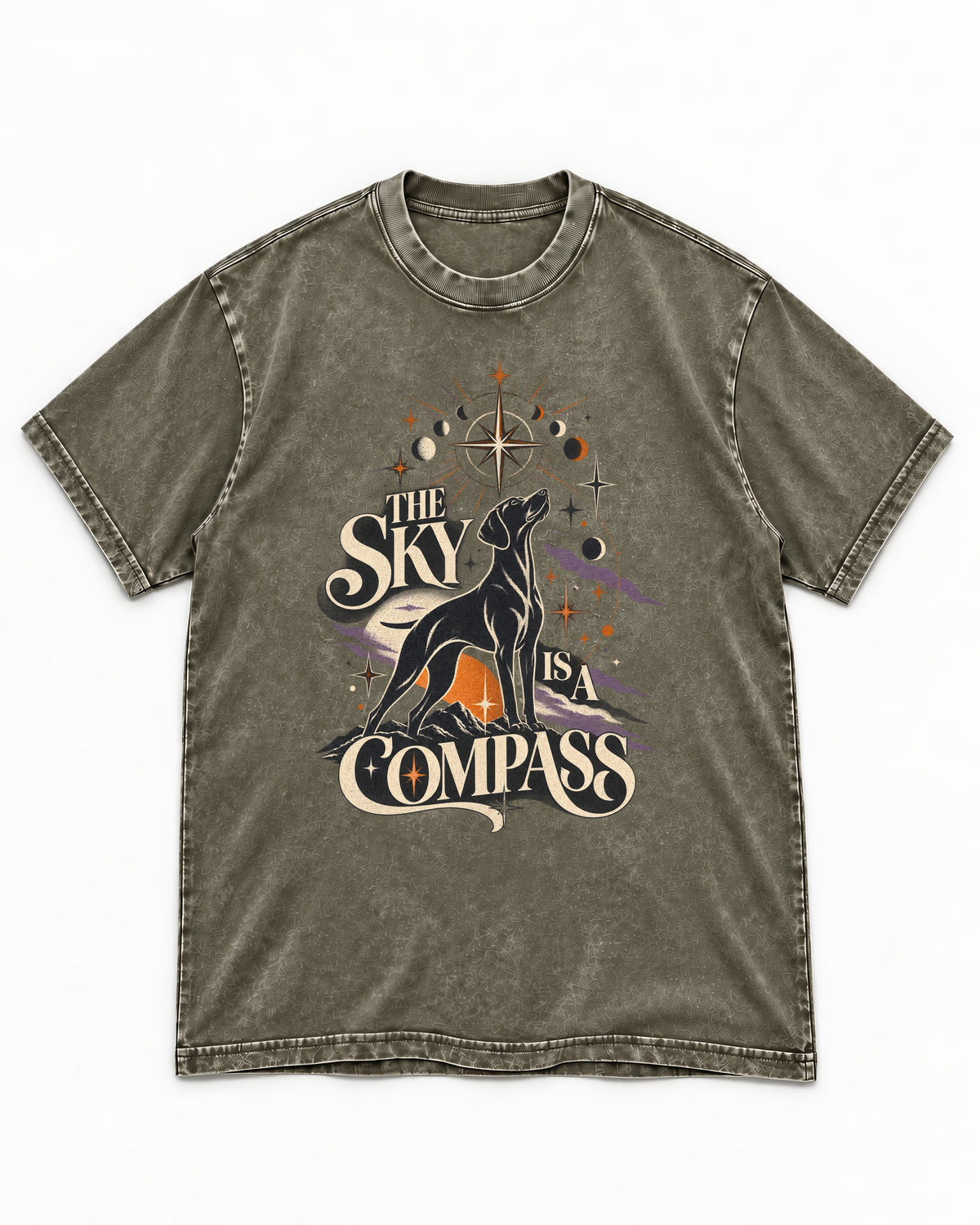 The Sky Is a Compass Celestial German Shorthaired Pointer Graphic Washed Tee in Army Green, flat lay product photo