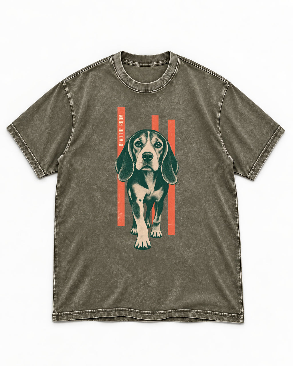 Beagle Before The Move Walking Portrait Washed Tee in Army Green, flat lay product photo