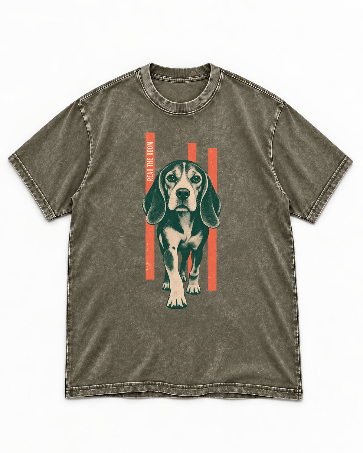 Beagle Before The Move Walking Portrait Washed Tee in Army Green, flat lay product photo