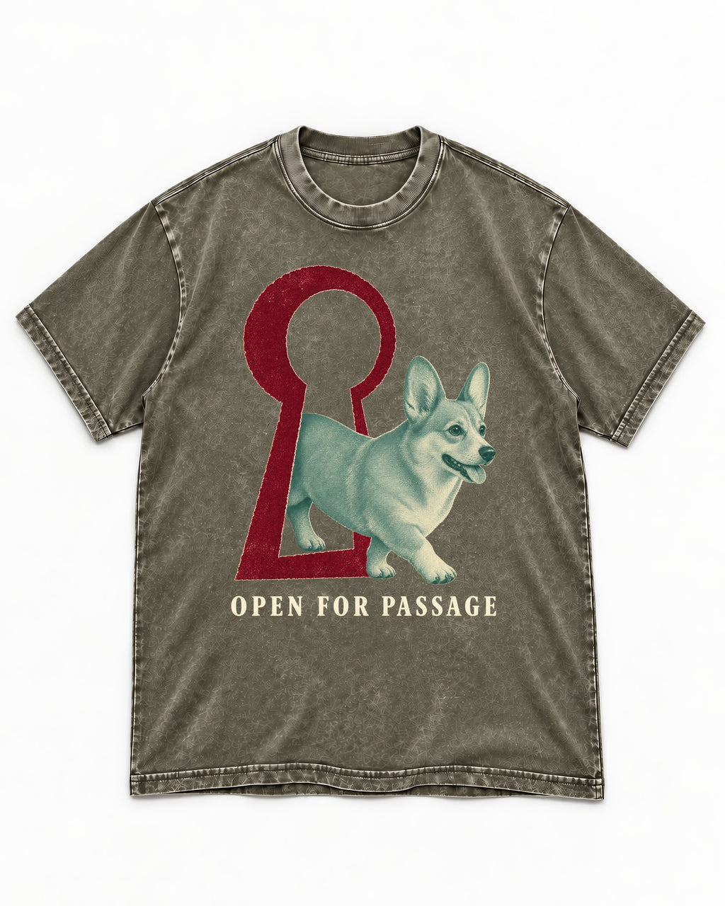 Corgi Open for Passage Keyhole Graphic Washed Tee in Army Green, flat lay product photo