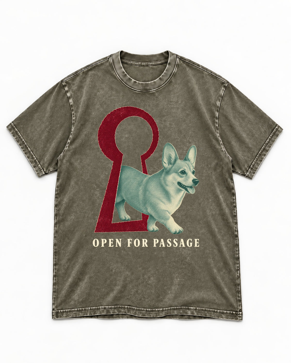 Corgi Open for Passage Keyhole Graphic Washed Tee in Army Green, flat lay product photo
