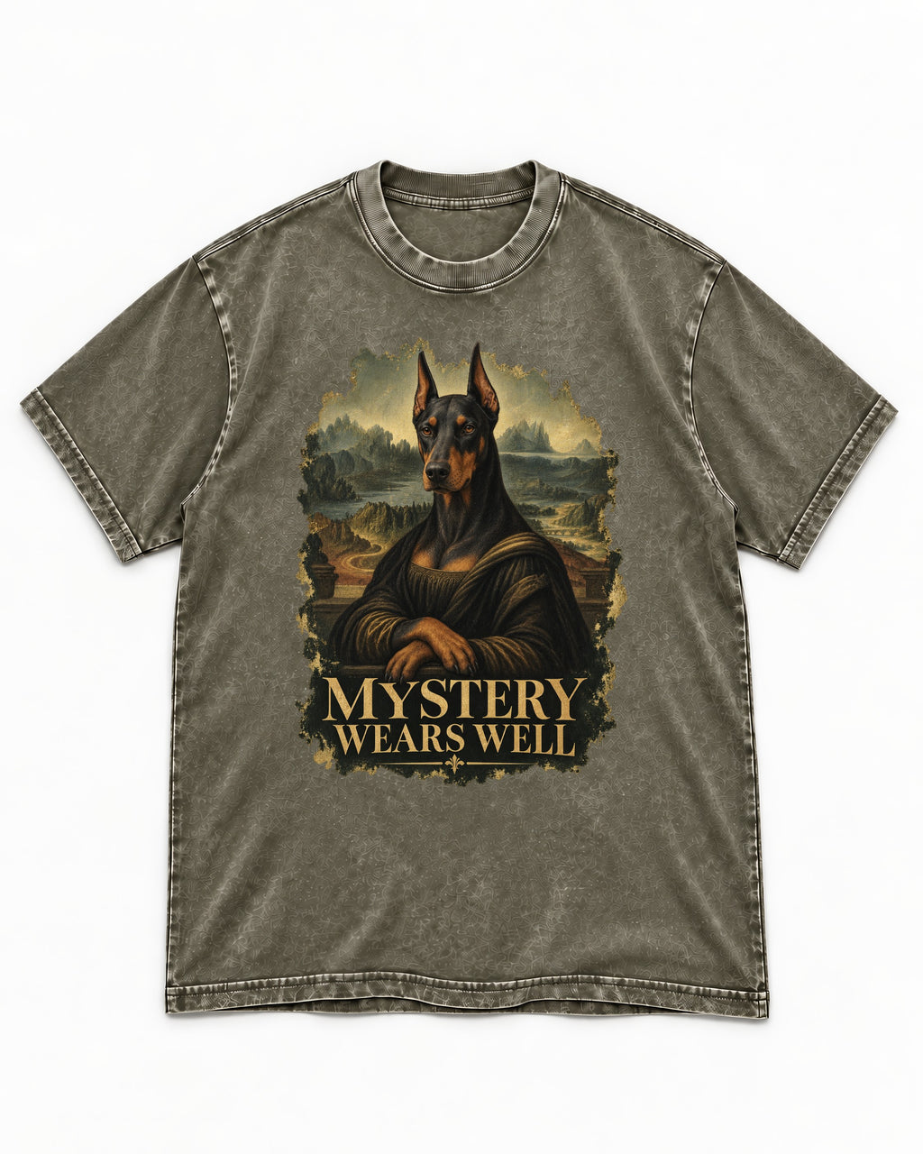 Doberman Mystery Wears Well Renaissance Portrait Graphic Washed Tee in Army Green, flat lay product photo