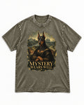 Doberman Mystery Wears Well Renaissance Portrait Graphic Washed Tee in Army Green, flat lay product photo
