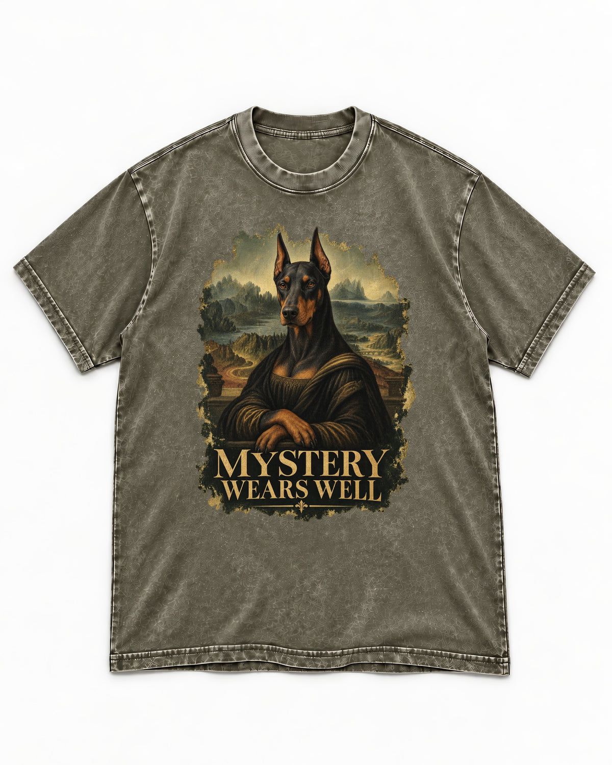 Doberman Mystery Wears Well Renaissance Portrait Graphic Washed Tee in Army Green, flat lay product photo