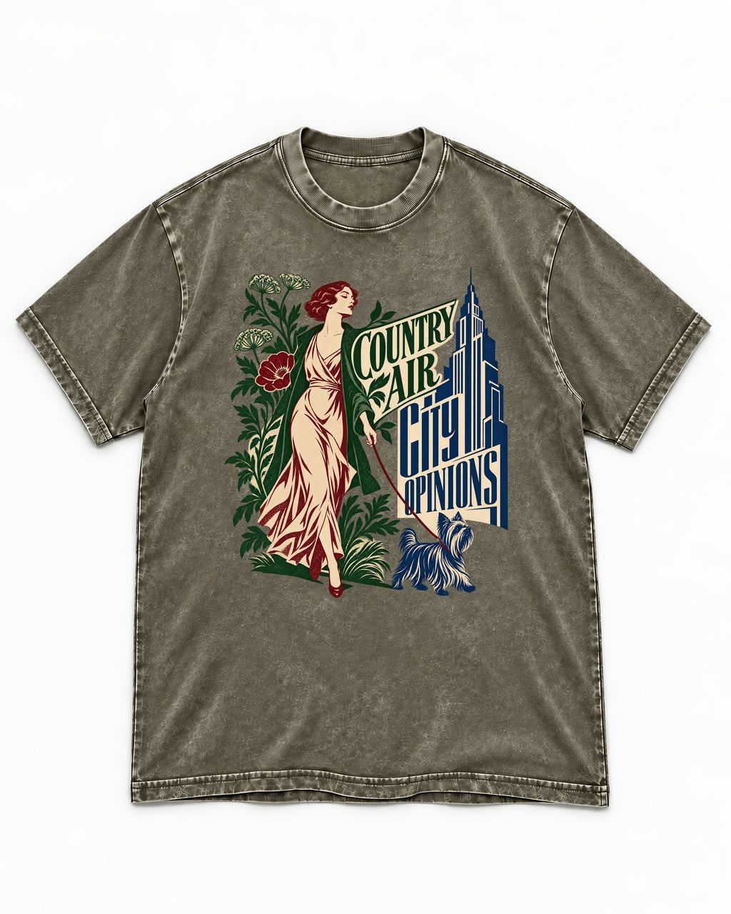 Yorkshire Terrier Country Air City Opinions Botanical Graphic Washed Tee in Army Green, flat lay product photo