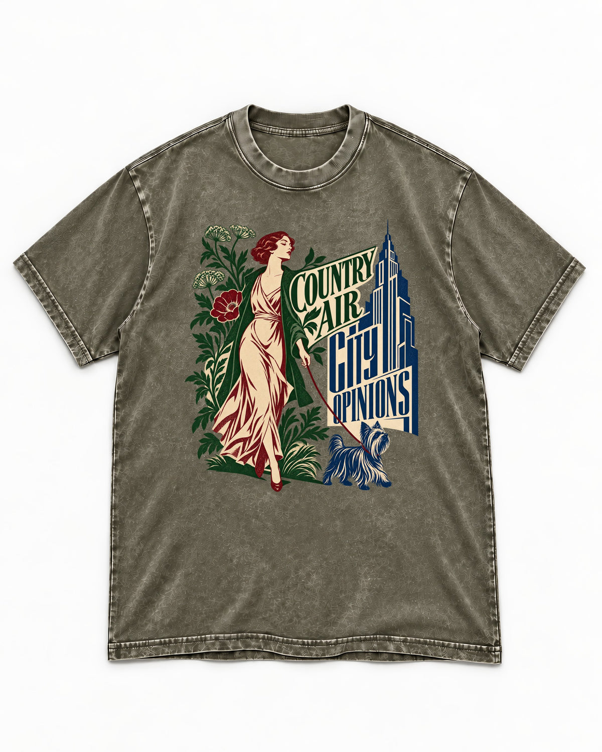 Yorkshire Terrier Country Air City Opinions Botanical Graphic Washed Tee in Army Green, flat lay product photo