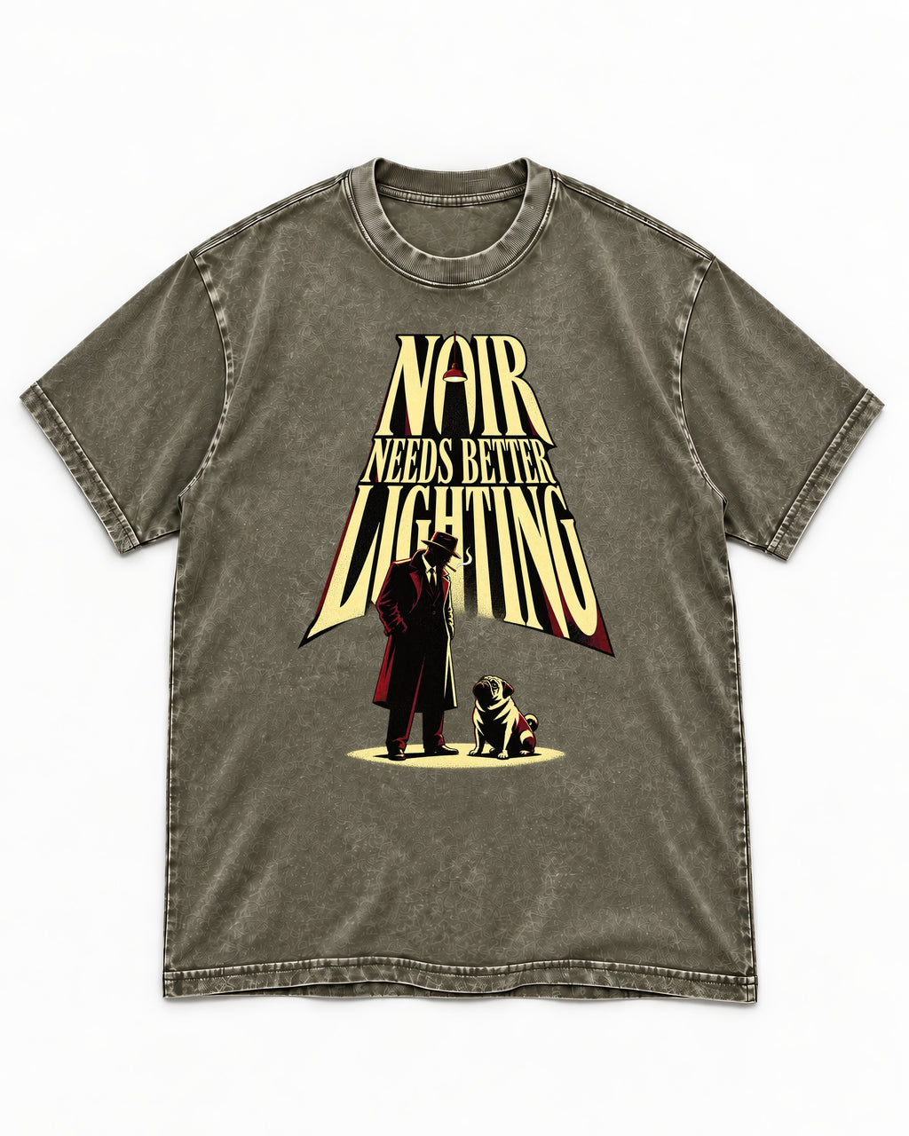 Pug Noir Needs Better Lighting Detective Graphic Washed Tee in Army Green, flat lay product photo
