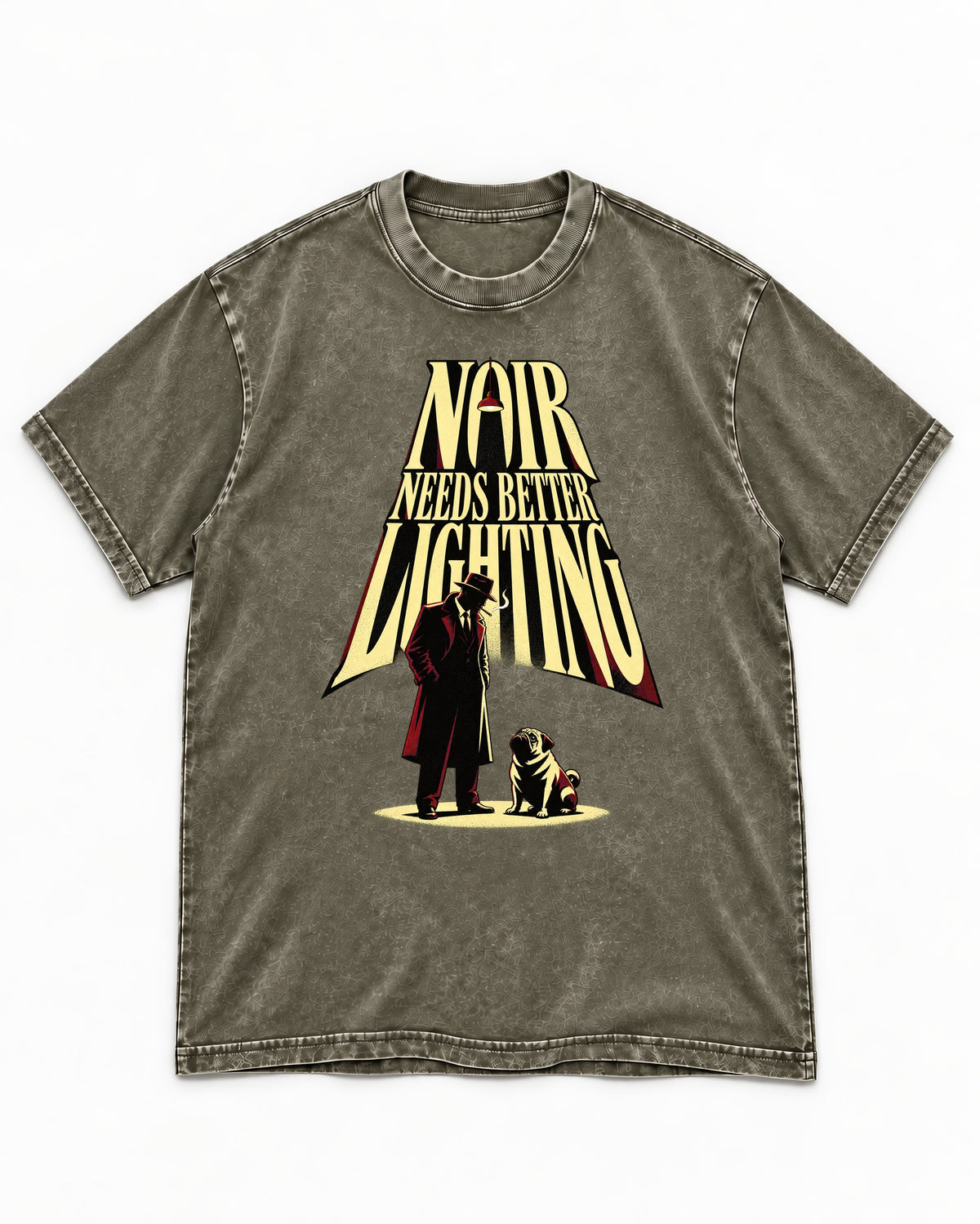 Pug Noir Needs Better Lighting Detective Graphic Washed Tee in Army Green, flat lay product photo