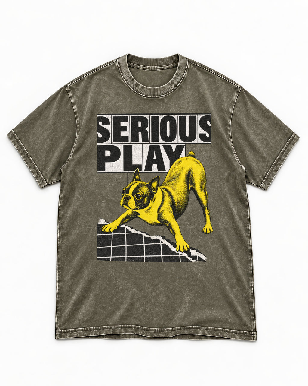 Boston Terrier Serious Play Agility Graphic Washed Tee in Army Green, flat lay product photo