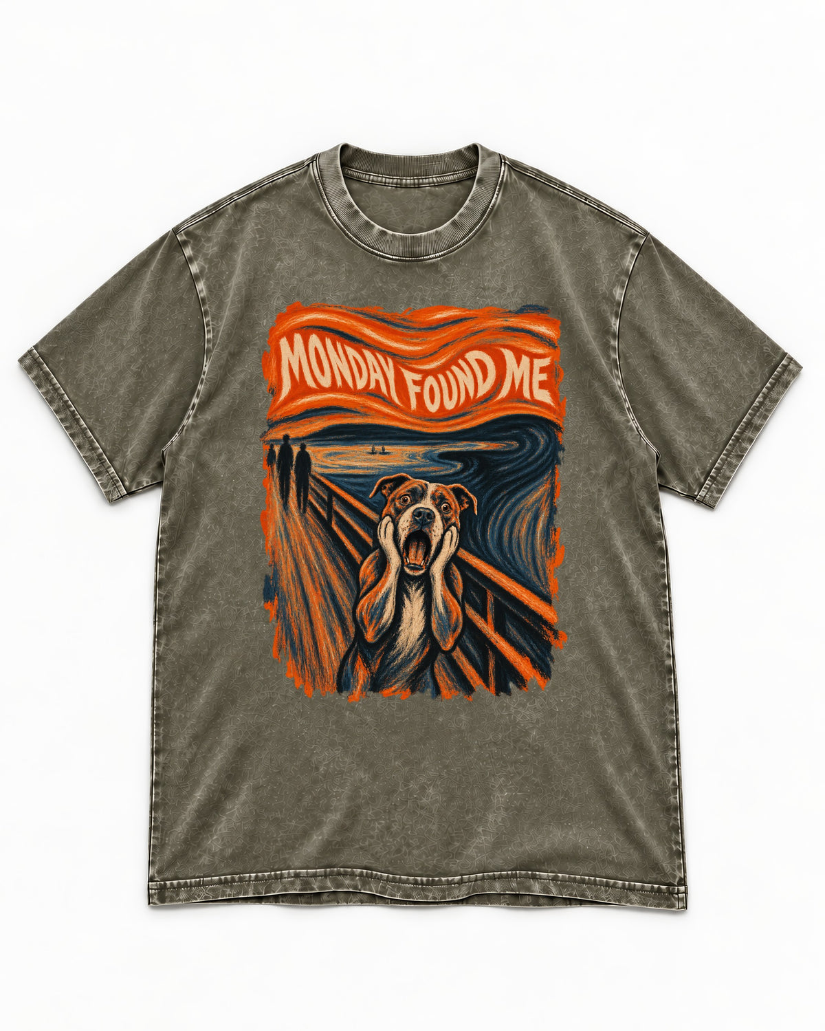 Pitbull Monday Found Me Expressionist Scream Graphic Washed Tee in Army Green, flat lay product photo