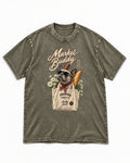 Frenchie Market Buddy Grocery Tote Graphic Washed Tee in Army Green, flat lay product photo