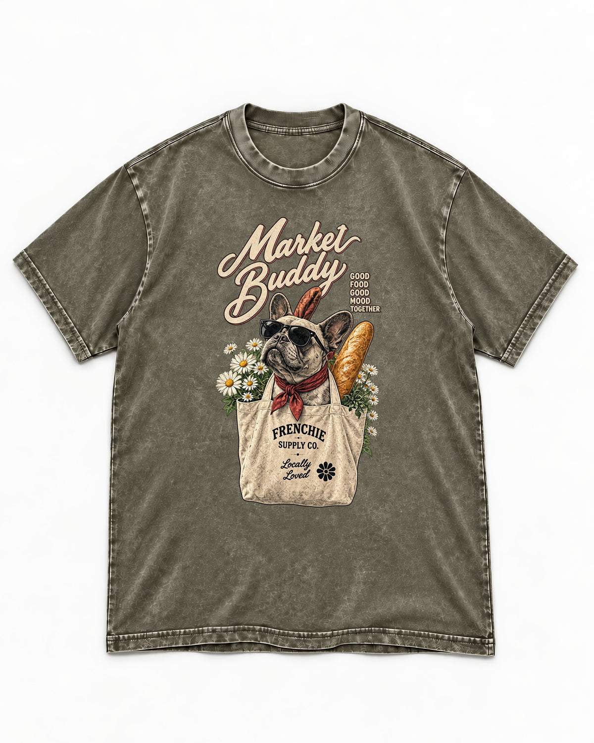 Frenchie Market Buddy Grocery Tote Graphic Washed Tee in Army Green, flat lay product photo