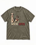 Turn Where Open Frenchie Washed Tee in Army Green, flat lay product photo