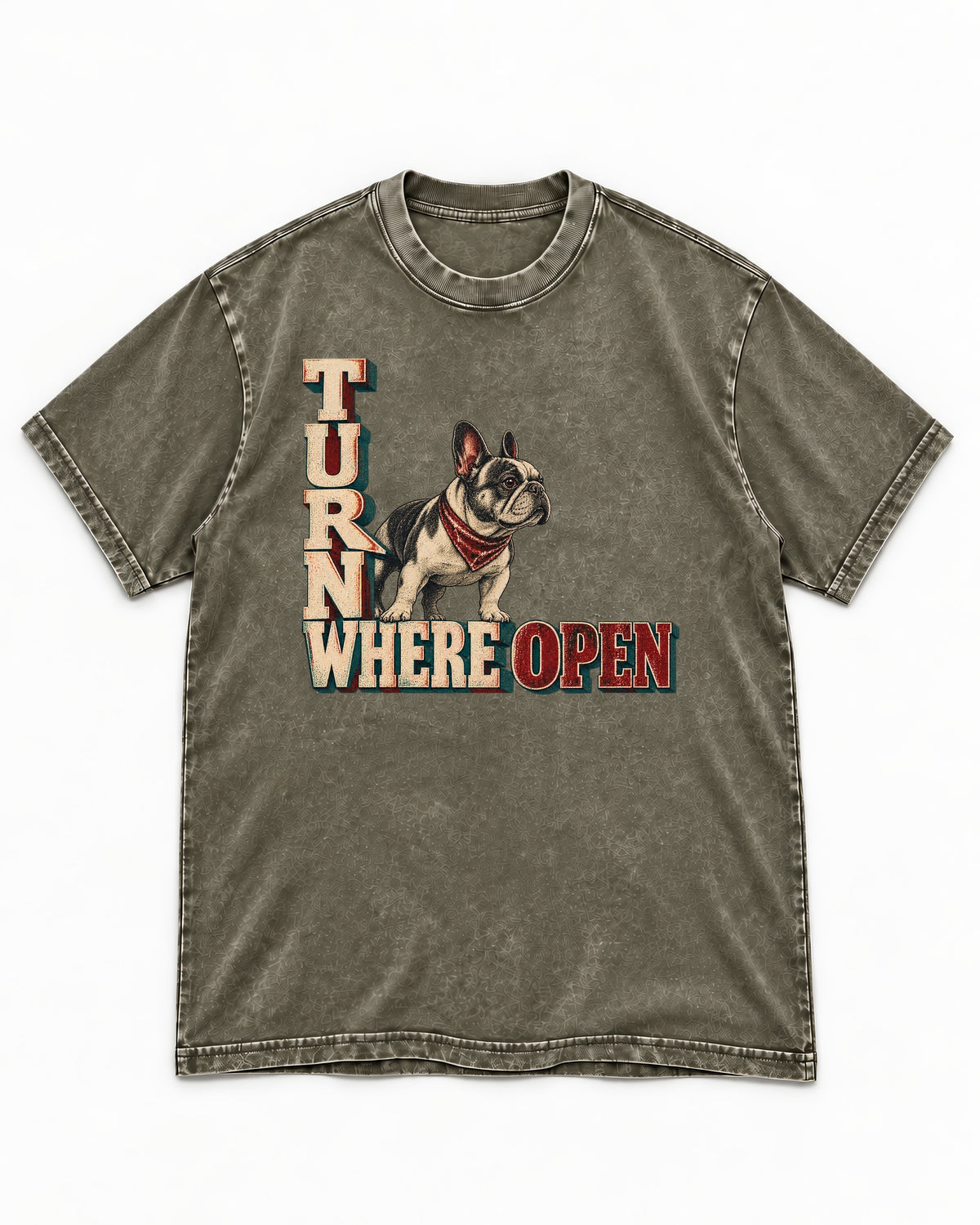 Turn Where Open Frenchie Washed Tee in Army Green, flat lay product photo