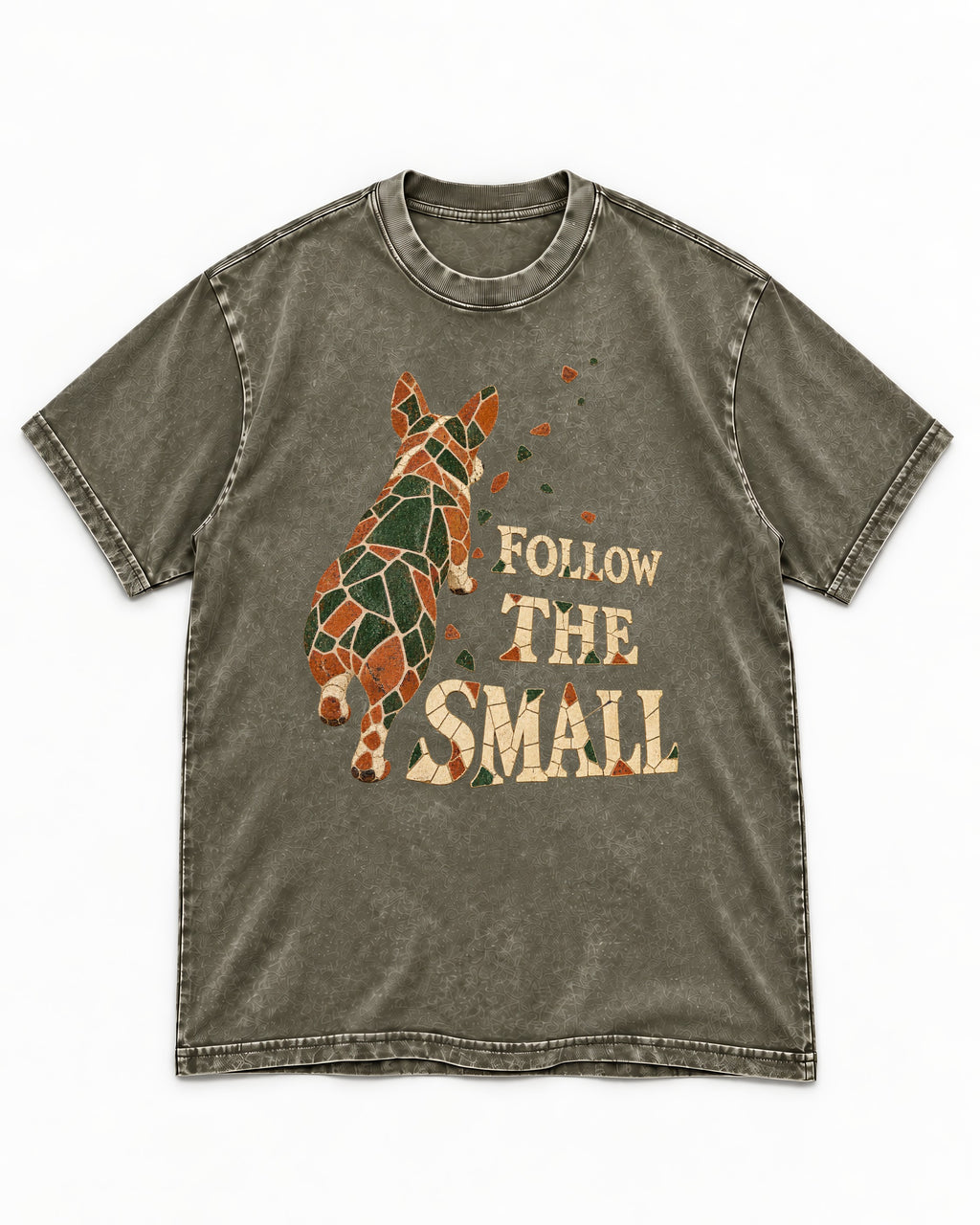Corgi Follow the Small Mosaic Washed Tee in Army Green, flat lay product photo