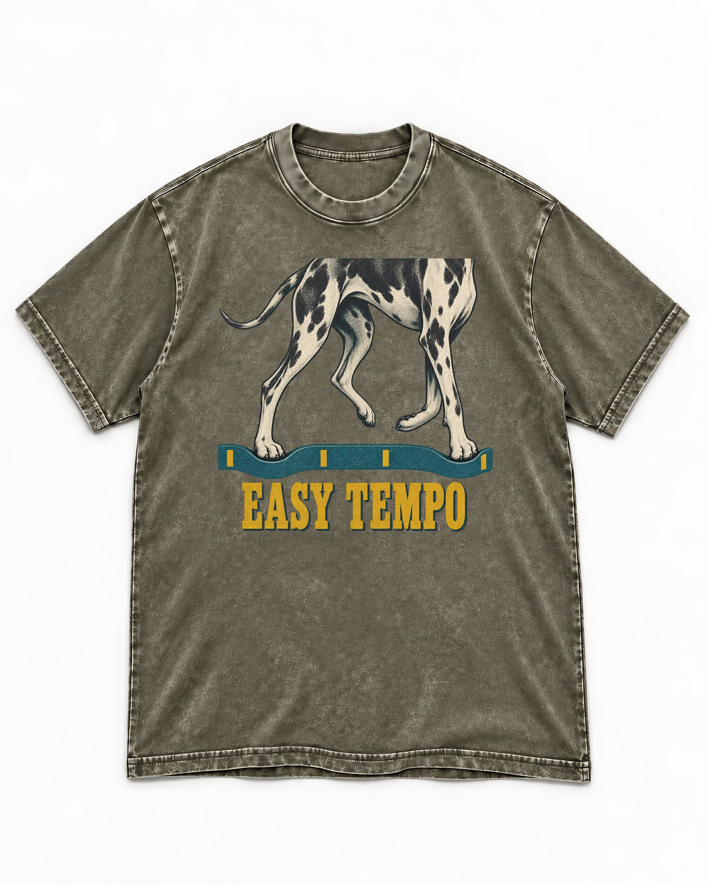 Great Dane Easy Tempo Elastic Band Legs Graphic Washed Tee in Army Green, flat lay product photo
