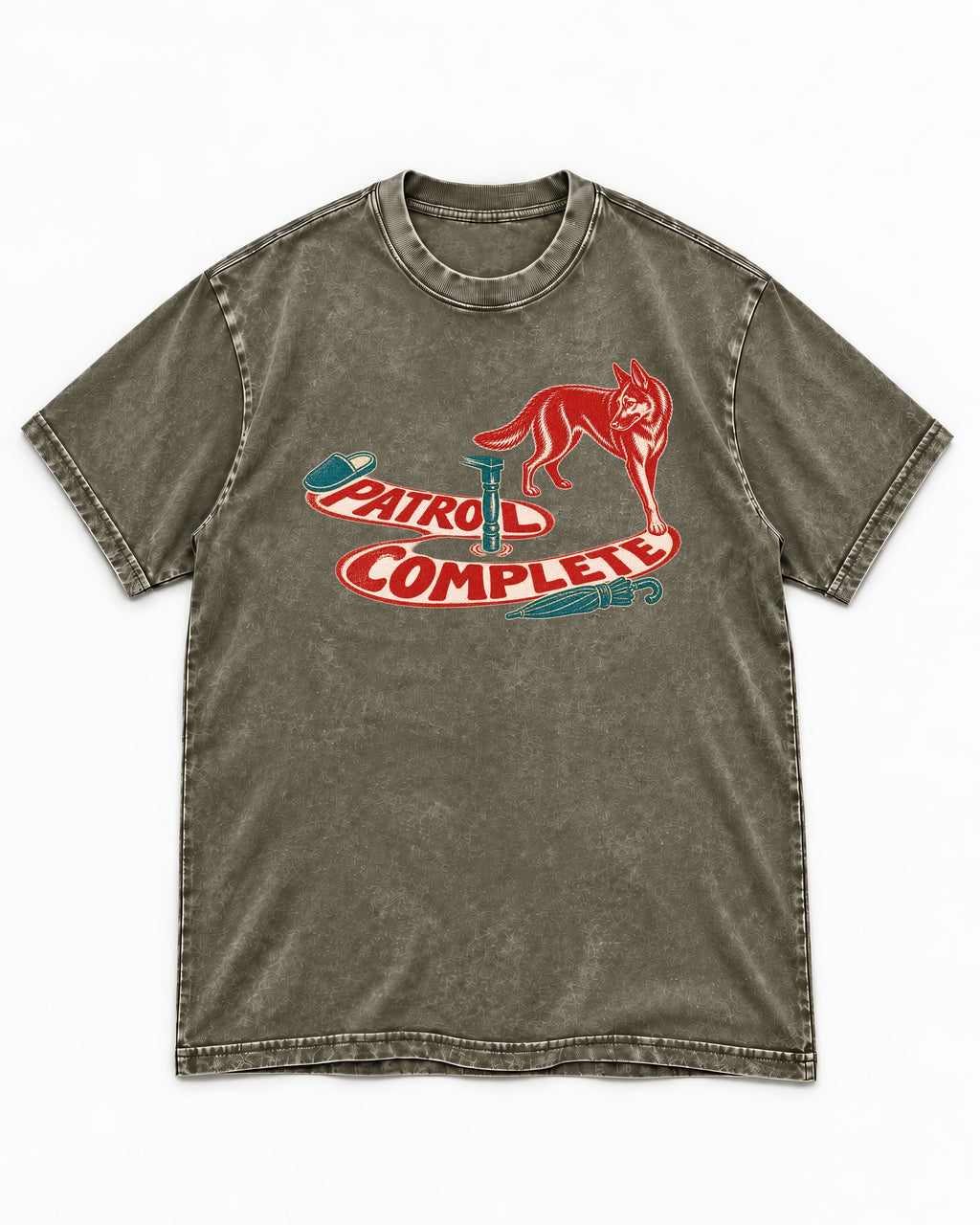 German Shepherd Dog Patrol Complete Umbrella Graphic Washed Tee in Army Green, flat lay product photo