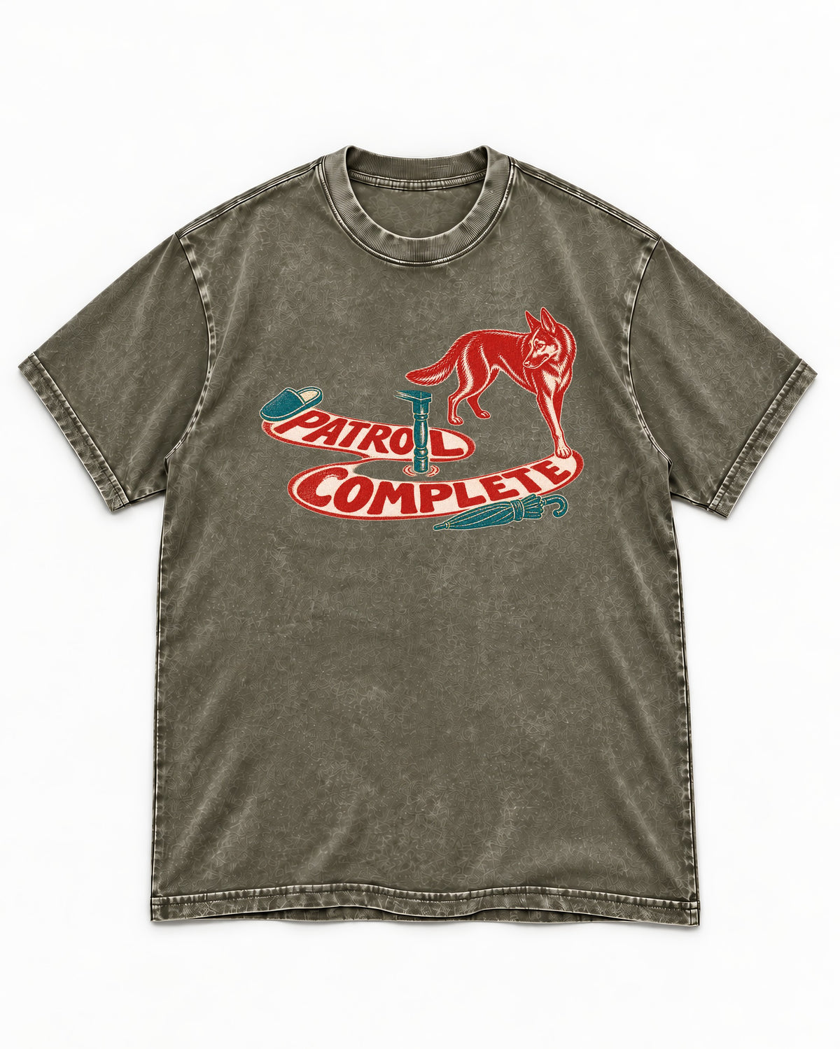 German Shepherd Dog Patrol Complete Umbrella Graphic Washed Tee in Army Green, flat lay product photo
