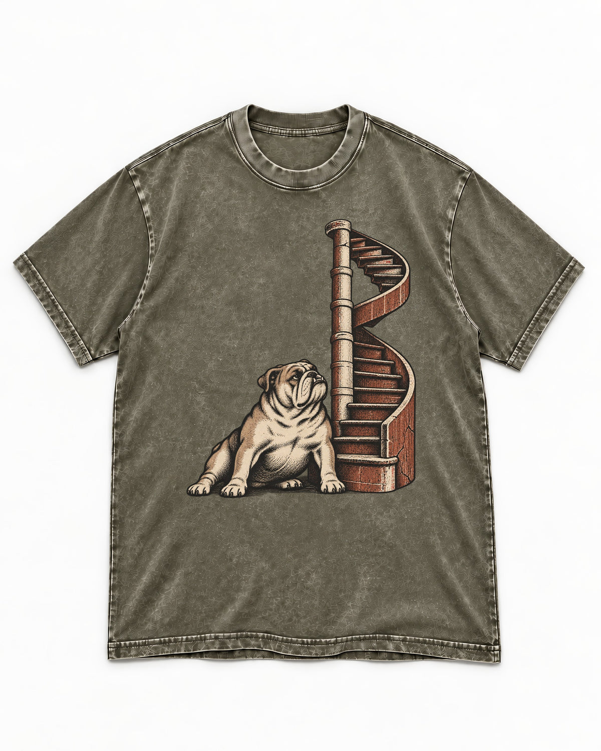 English Bulldog Spiral Staircase Graphic Washed Tee in Army Green, flat lay product photo