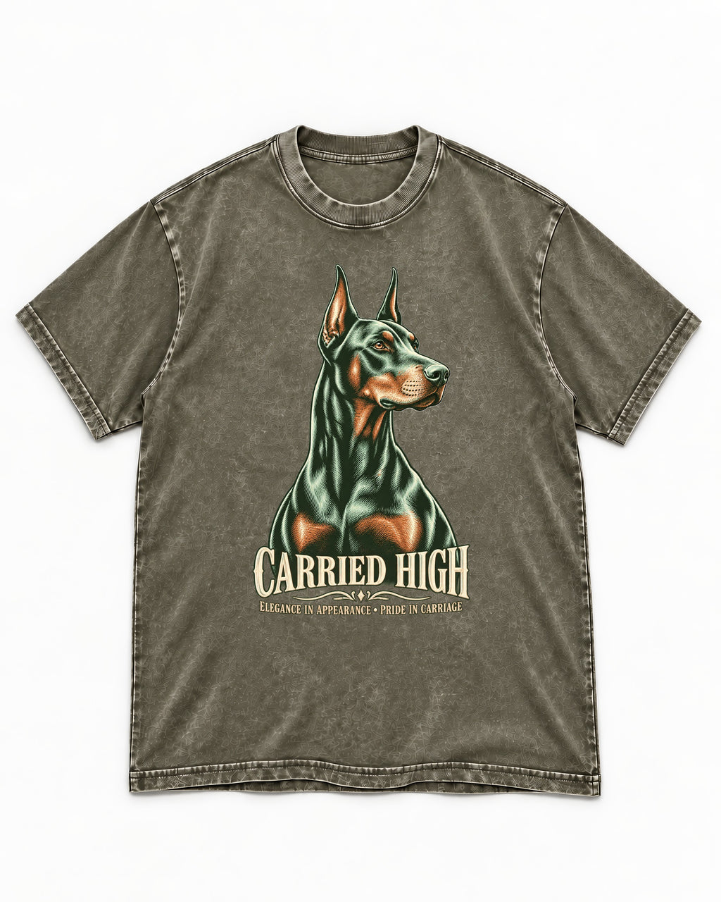 Doberman Carried High Portrait Graphic Washed Tee in Army Green, flat lay product photo