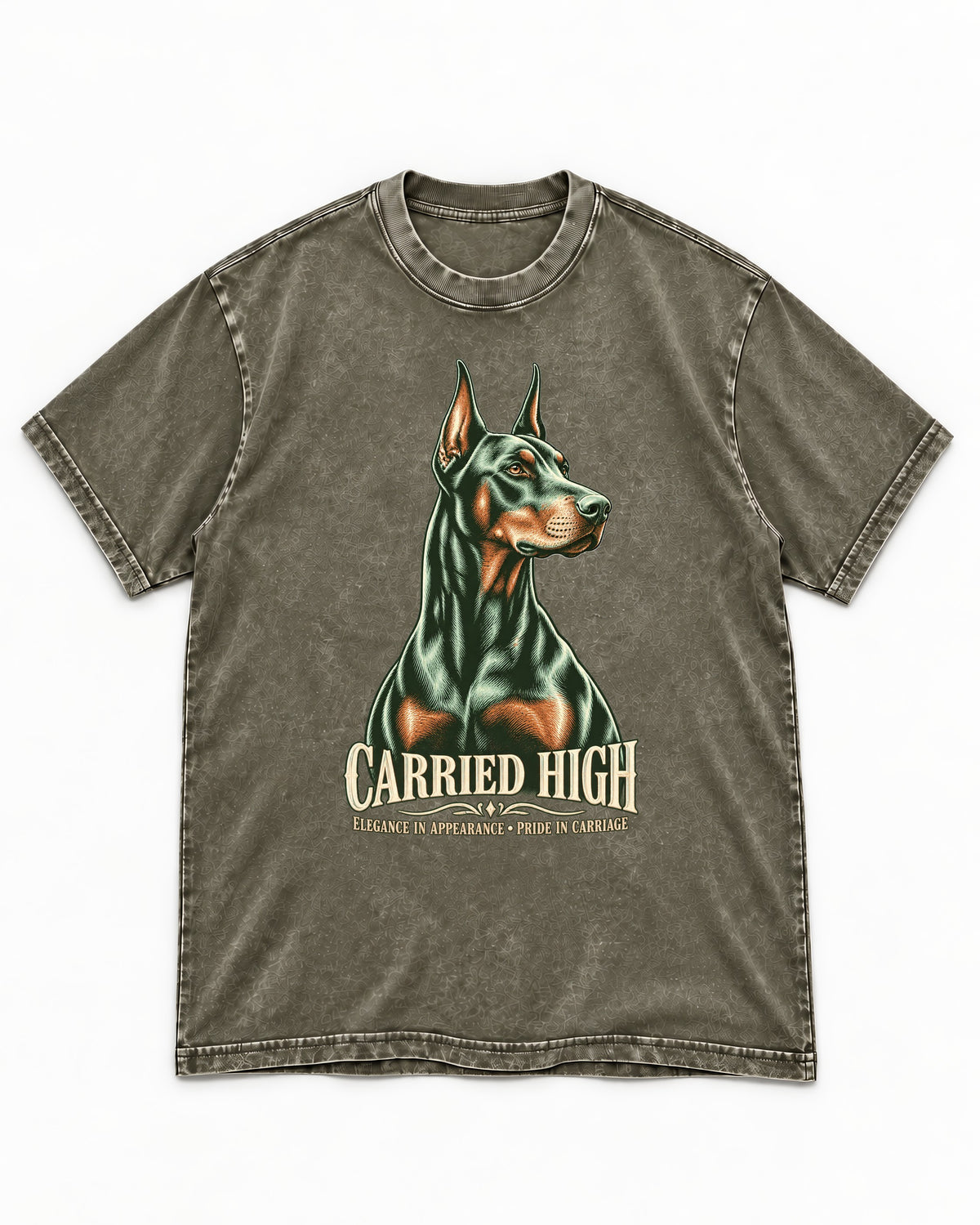 Doberman Carried High Portrait Graphic Washed Tee in Army Green, flat lay product photo