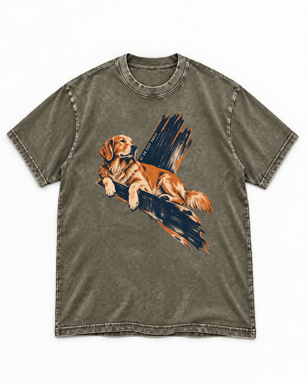 Golden Retriever At an Easy Angle Brushstroke Lounge Graphic Washed Tee in Army Green, flat lay product photo