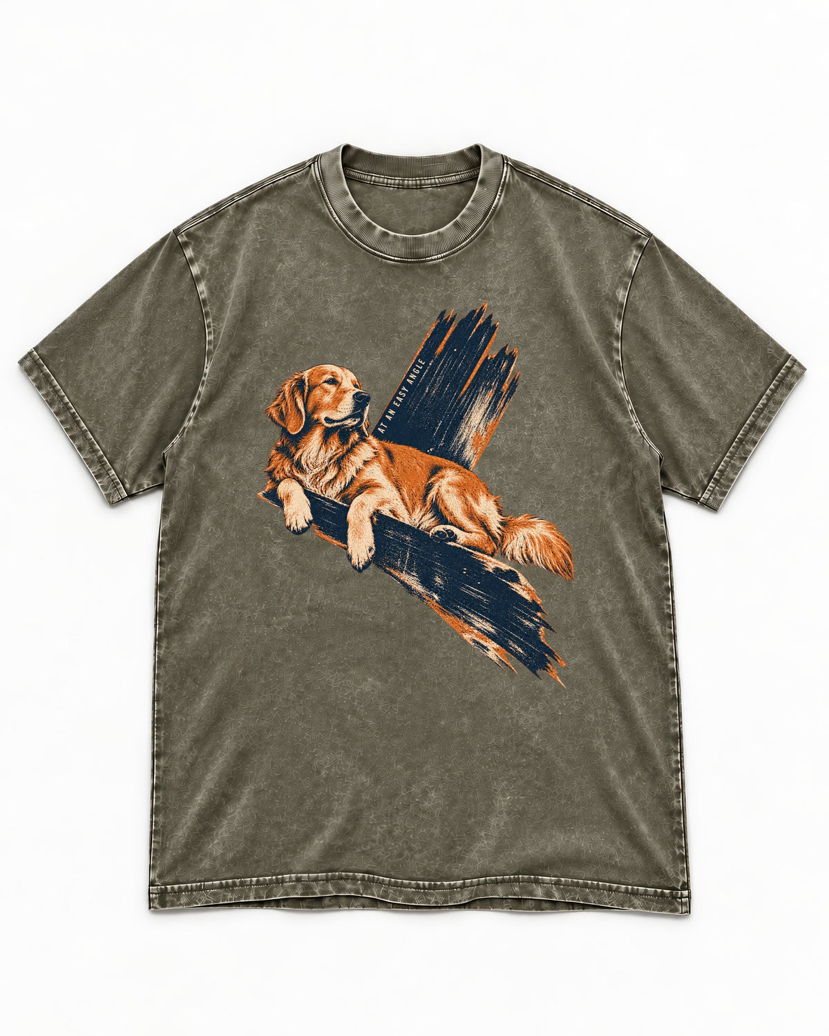 Golden Retriever At an Easy Angle Brushstroke Lounge Graphic Washed Tee in Army Green, flat lay product photo