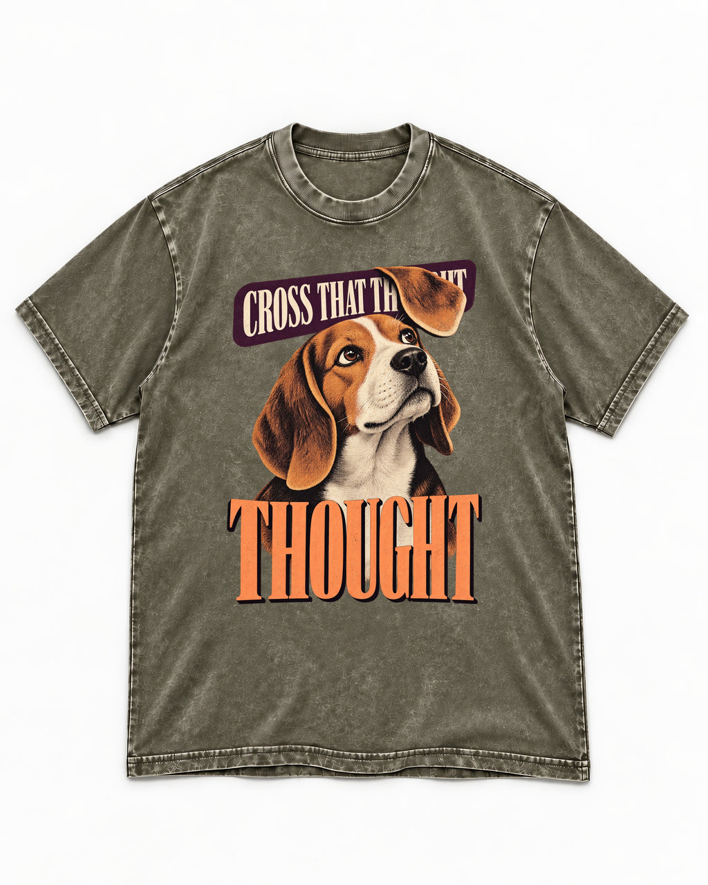 Cross That Beagle Thought Washed Tee in Army Green, flat lay product photo