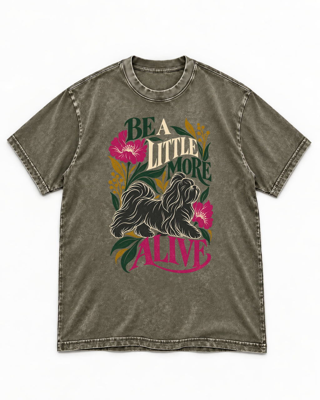 Shih Tzu Be a Little More Alive Botanical Graphic Washed Tee in Army Green, flat lay product photo