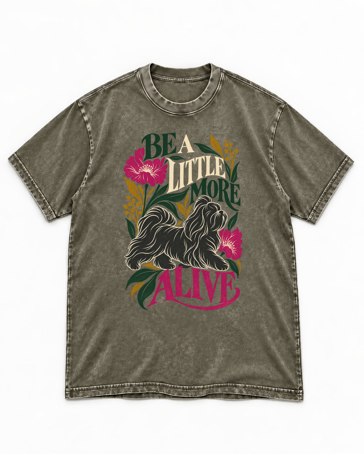 Shih Tzu Be a Little More Alive Botanical Graphic Washed Tee in Army Green, flat lay product photo