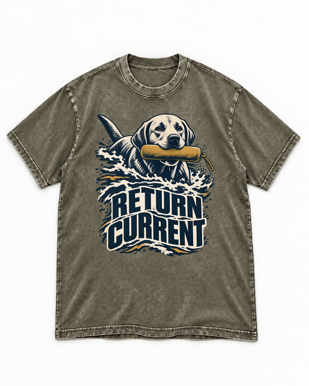 Return Current Water Retrieve Labrador Retriever Graphic Washed Tee in Army Green, flat lay product photo
