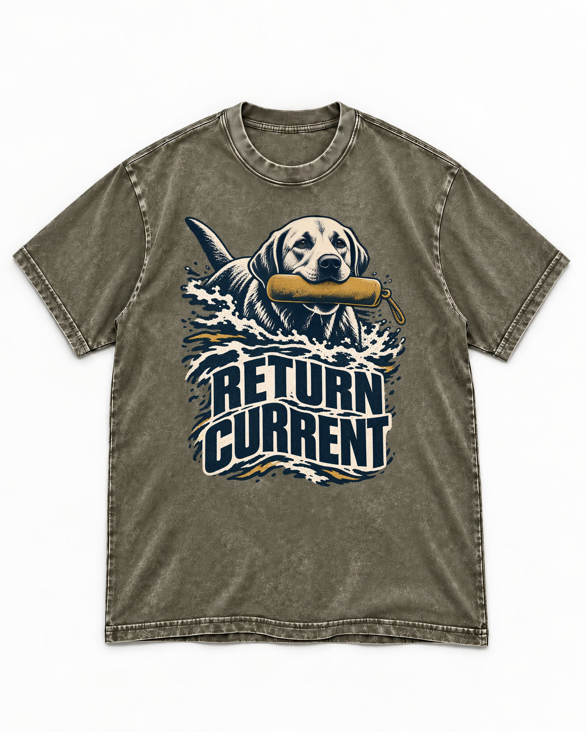 Return Current Water Retrieve Labrador Retriever Graphic Washed Tee in Army Green, flat lay product photo